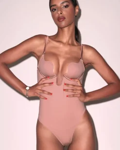 Fleur du Mal: Le Stretch Micro Seduce U Plunge Bodysuit - Tan