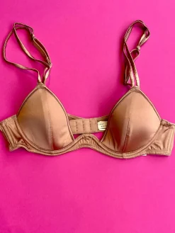 Fleur du Mal: Silk Satin Luxe Plunge Bra - Tan